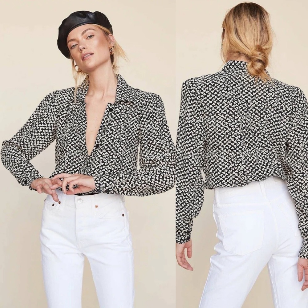 LPA Revolve Black and white printed long sleeves button front collared bodysuit